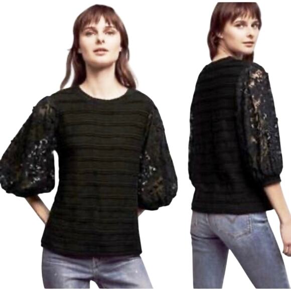 Anthropologie Tops - ANTHROPOLOGIE ERI + ALI Women’s Boho Black Mixed Media Puff Sleeve Top